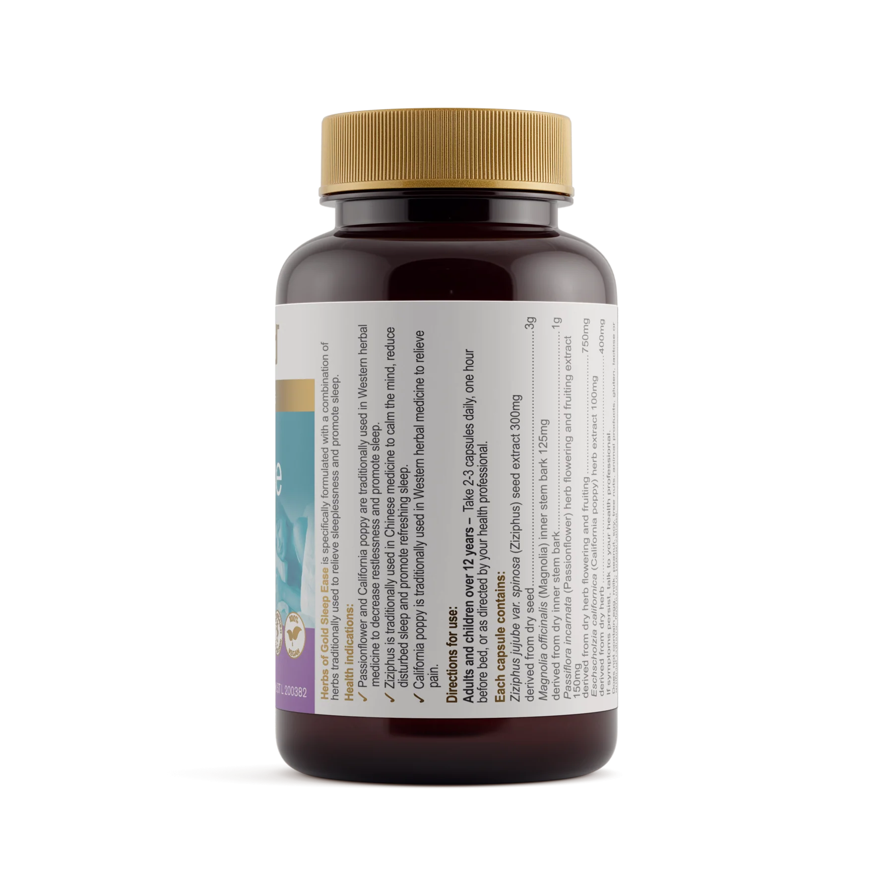 Brown supplement bottle with label on white background