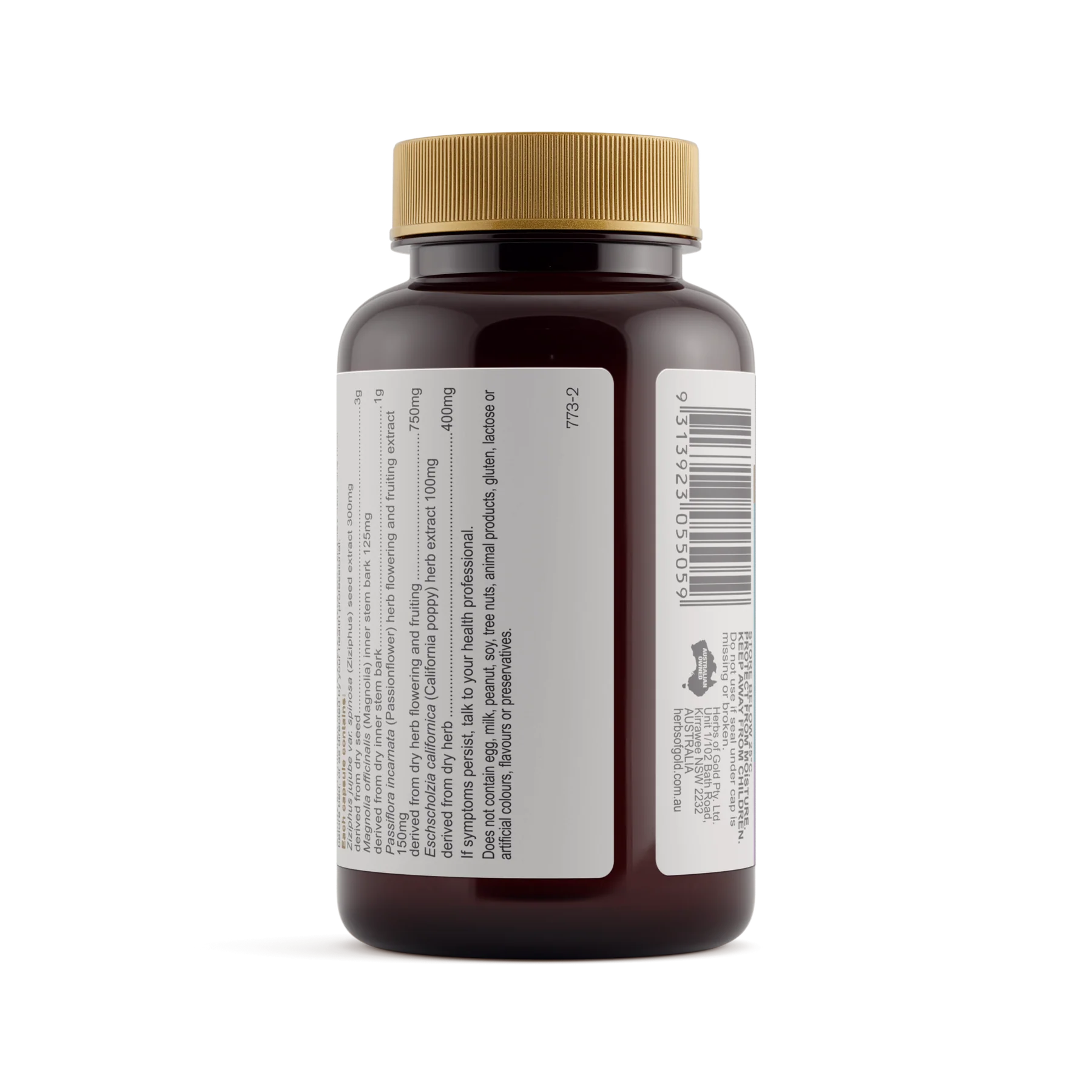 Brown supplement bottle with label on white background