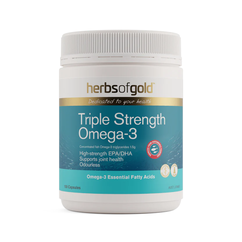 A container of Herbs of Gold Triple Strength Omega-3 supplements with a white and blue label.