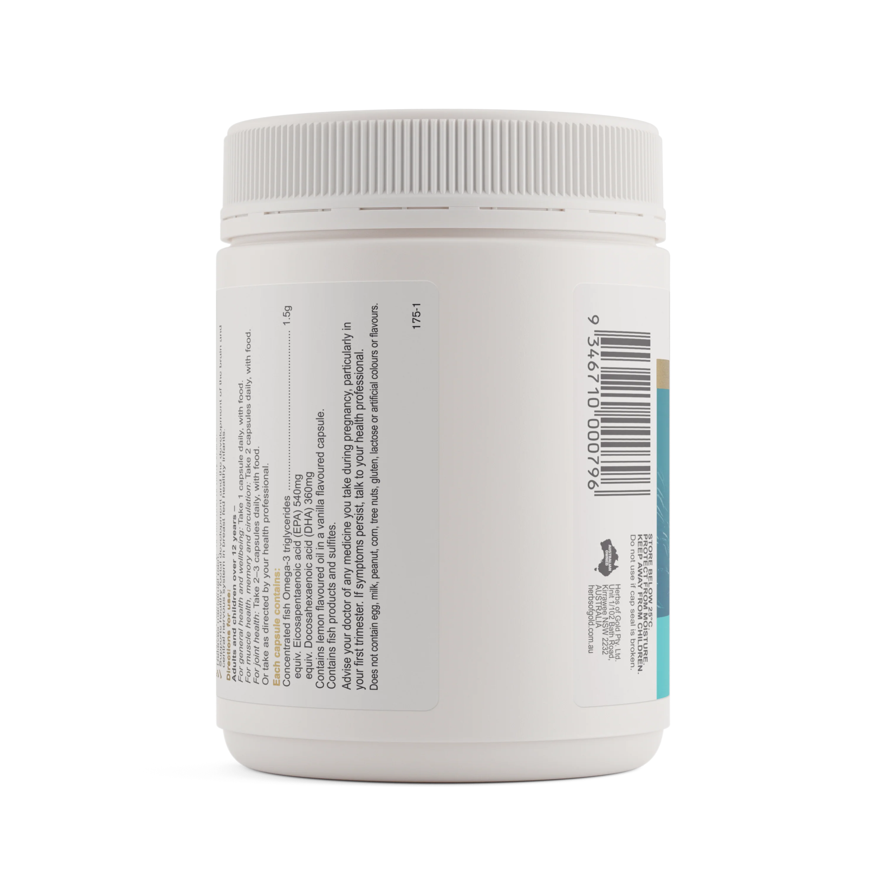 White supplement container with label on a white background