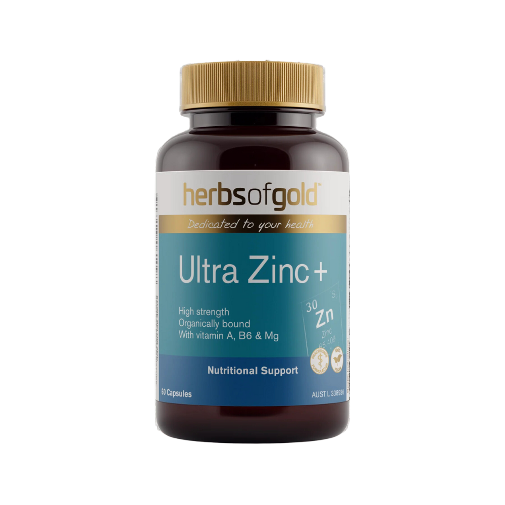 A bottle of Herbs of Gold Ultra Zinc+ supplement with a label indicating it contains high strength zinc, vitamin A, vitamin B6, and magnesium, with nutritional support for immune system, fertility, and prenatal health.