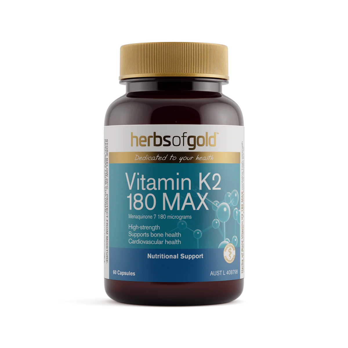 Herbs of Gold Vitamin K2 180 MAX supplement bottle on a white background