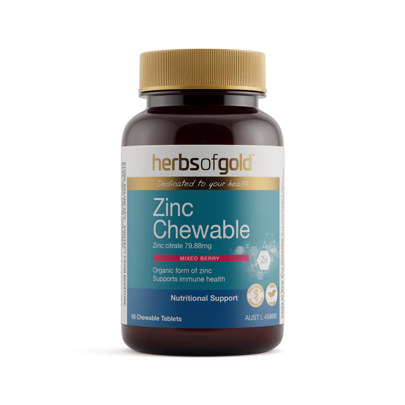 Herbs of Gold Zinc Chewable supplement bottle on a white background