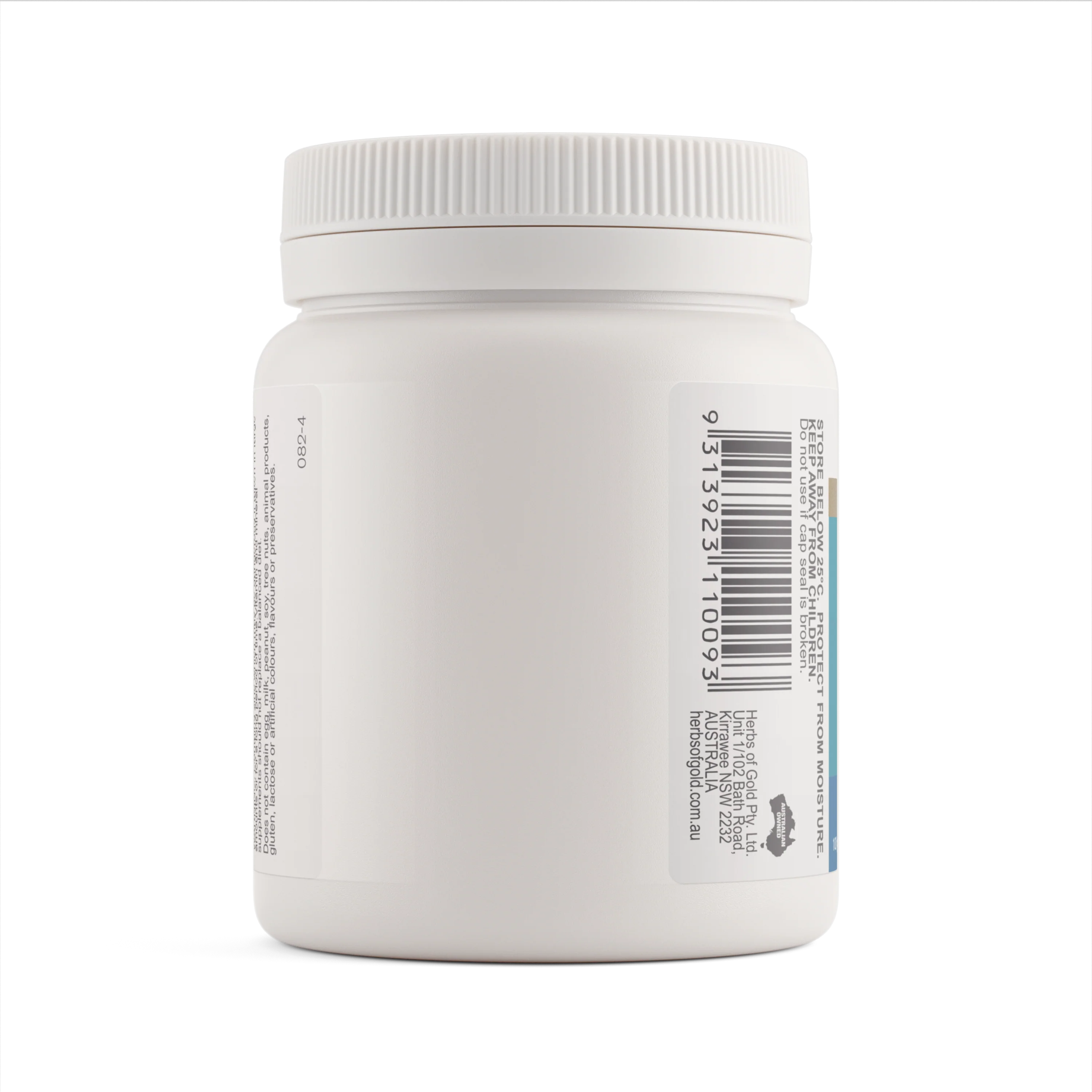 White supplement jar with a label on a white background