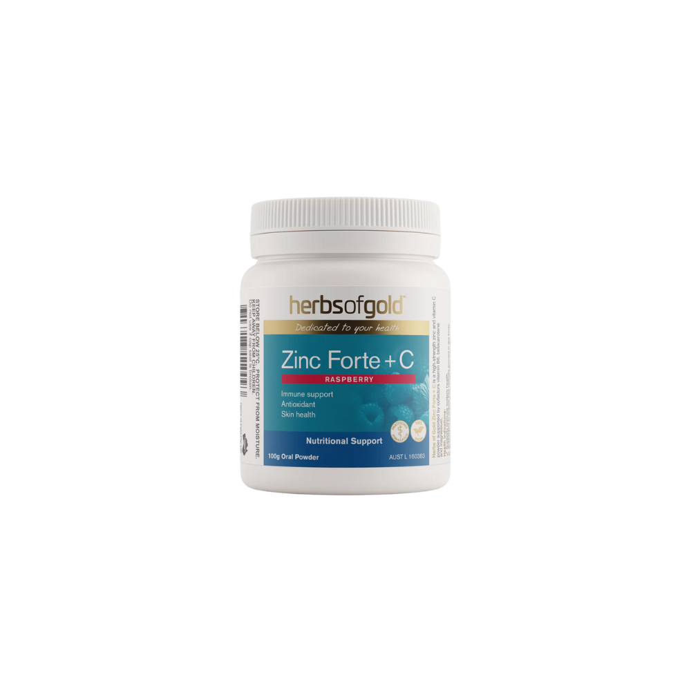 Herbs of Gold Zinc Forte + C supplement container on a white background