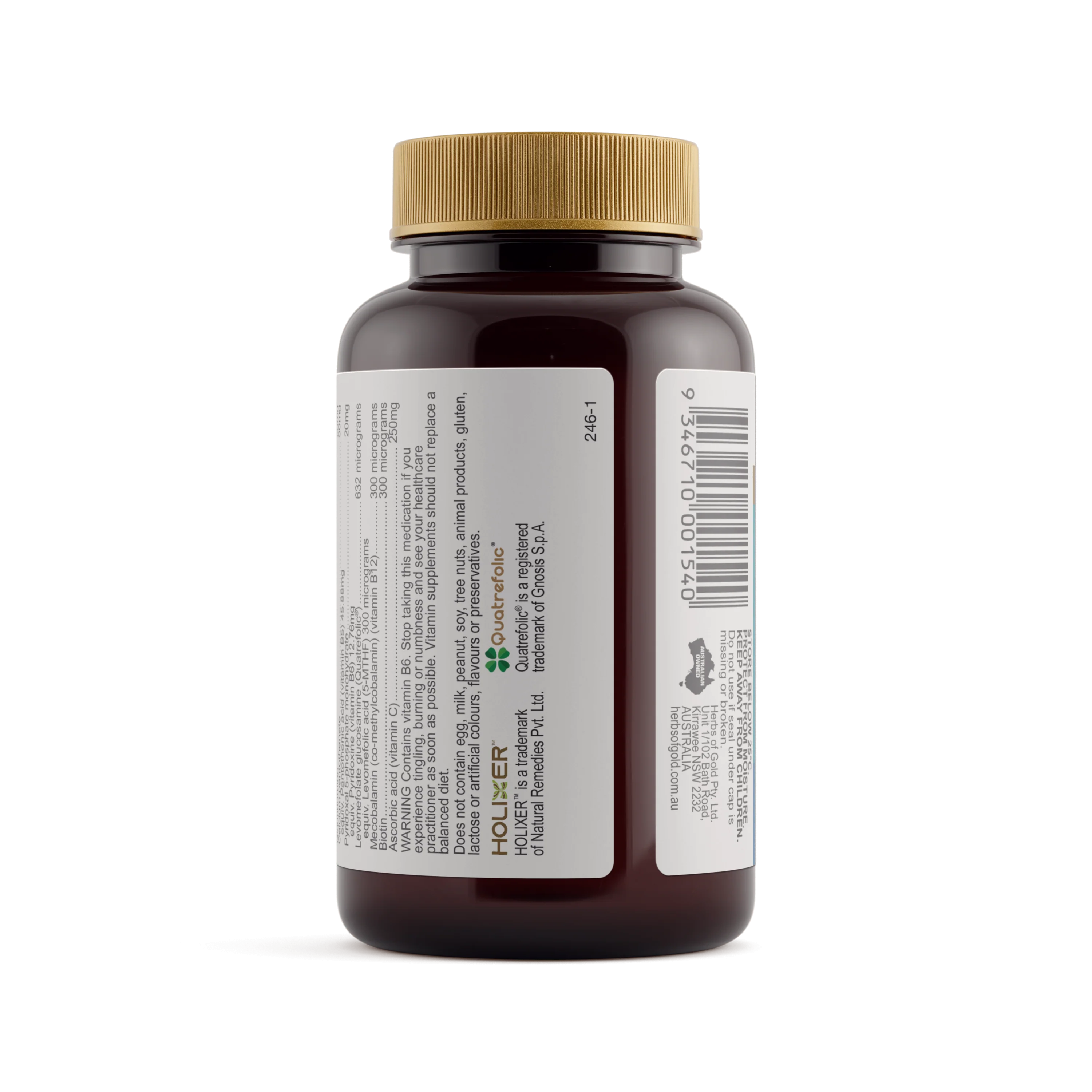 Herbs of Gold Activated B Stress bottle showing product directions and details, against a white background.