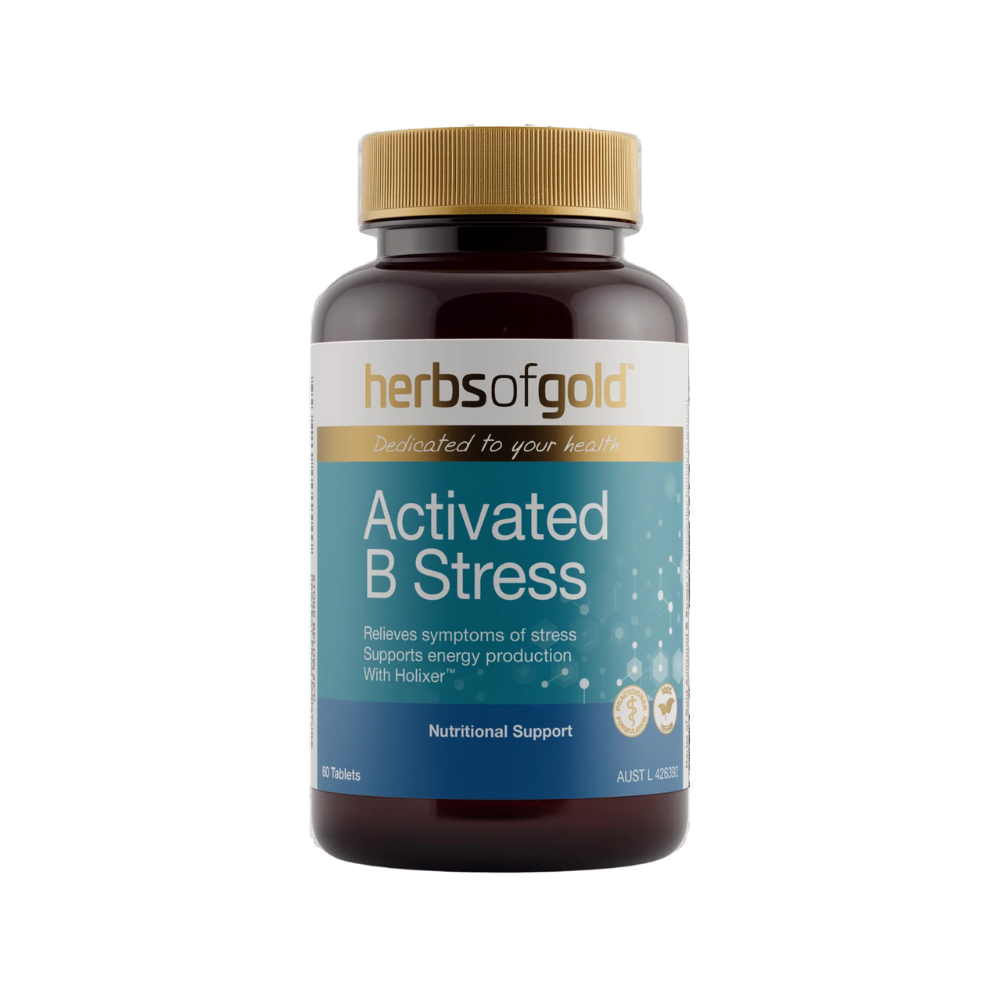 Herbs of Gold Activated B Stress bottle, front label visible, against a white background.