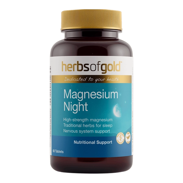 Herbs of Gold Magnesium Night supplement bottle on a white background