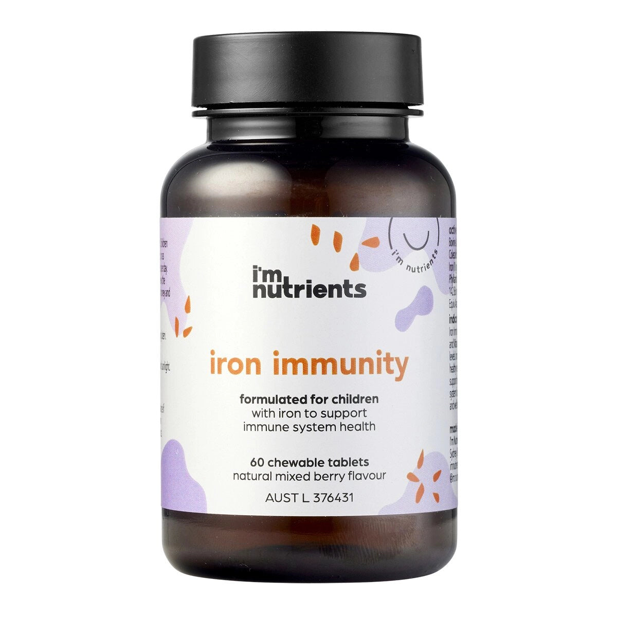 Bottle of iron immunity supplements with label on white background