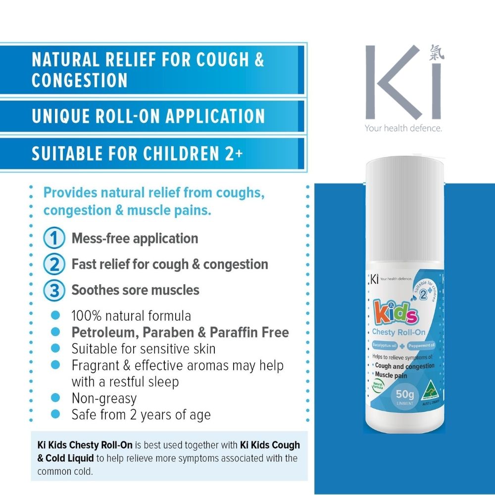 KI Kids Chesty Roll-On for cough and congestion with product details on a blue background