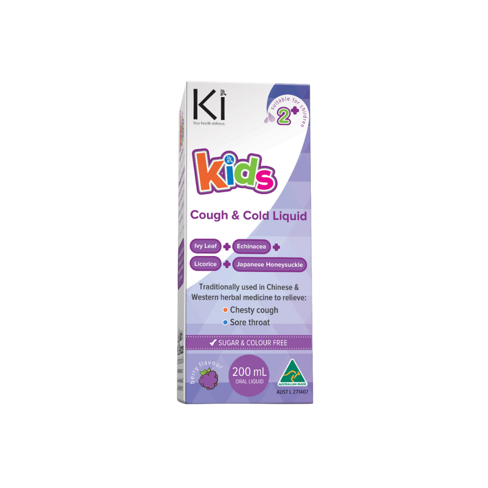 Box of Ki Kids Cough & Cold Liquid on a white background