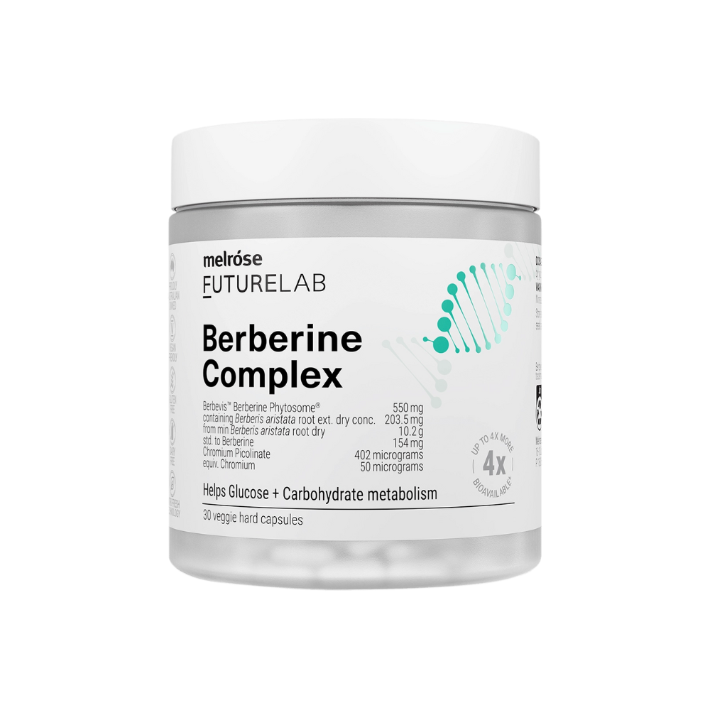 A container of Melrose FutureLab Berberine Complex, designed for assisting glucose and carbohydrate metabolism.