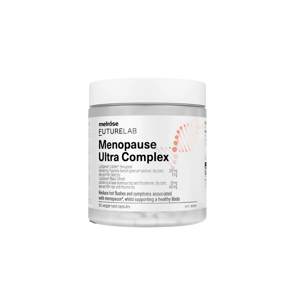 A container of Melrose FutureLab Menopause Ultra Complex, a supplement designed to support menopausal symptoms and libido.