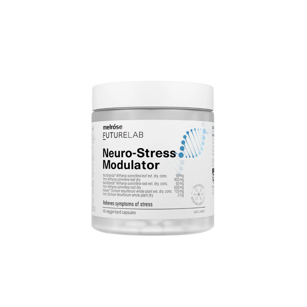 A container of Melrose FutureLab Neuro-Stress Modulator, a dietary supplement designed for stress relief and cognitive function.