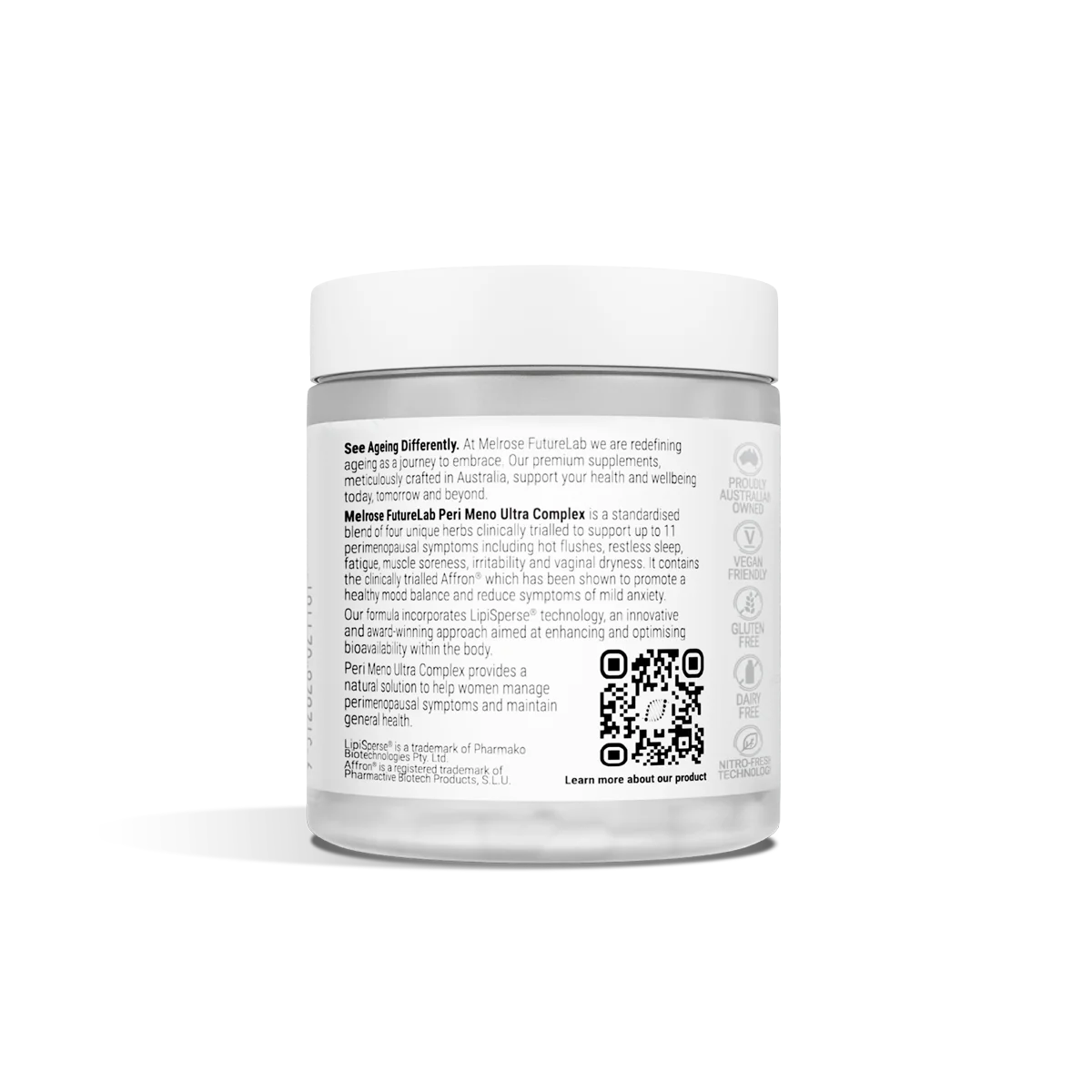 Melrose FutureLab Peri Meno Ultra Complex 60 Veggie Capsules bottle back of label