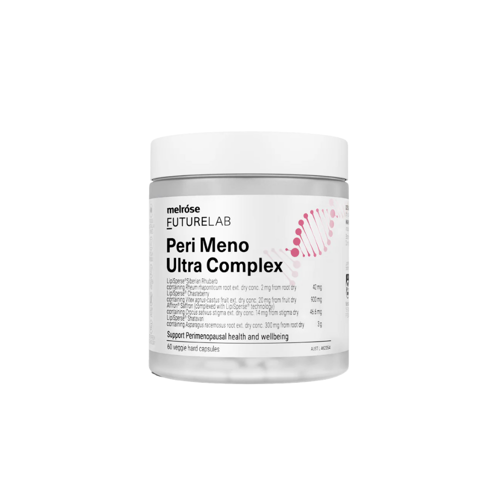 A container of Melrose FutureLab Peri Meno Ultra Complex, which is a supplement designed to support perimenopausal symptoms.