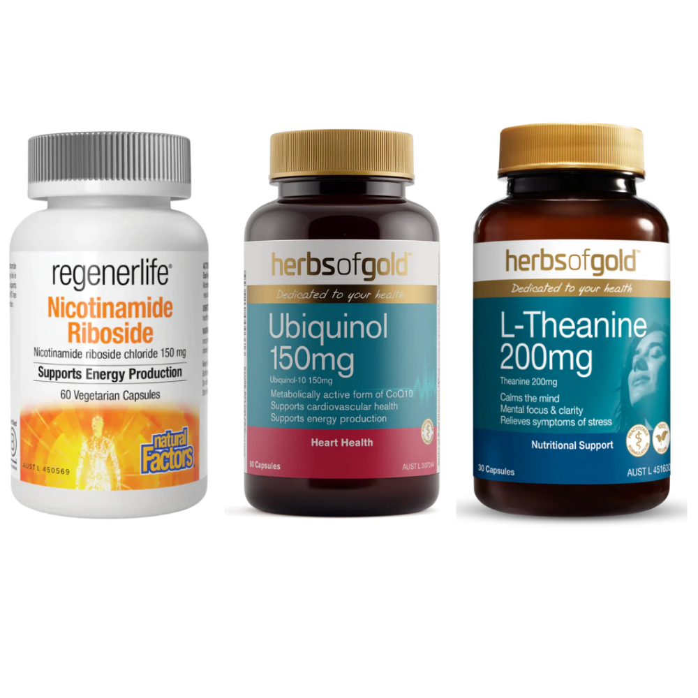Men's energy and focus bundle with Natural Factors Nicotinamide Riboside, Herbs of Gold L-Theanine 200mg and Herbs of Gold Ubiquinol 150mg, Naturopath-approved and available at Nourishing Apothecary.