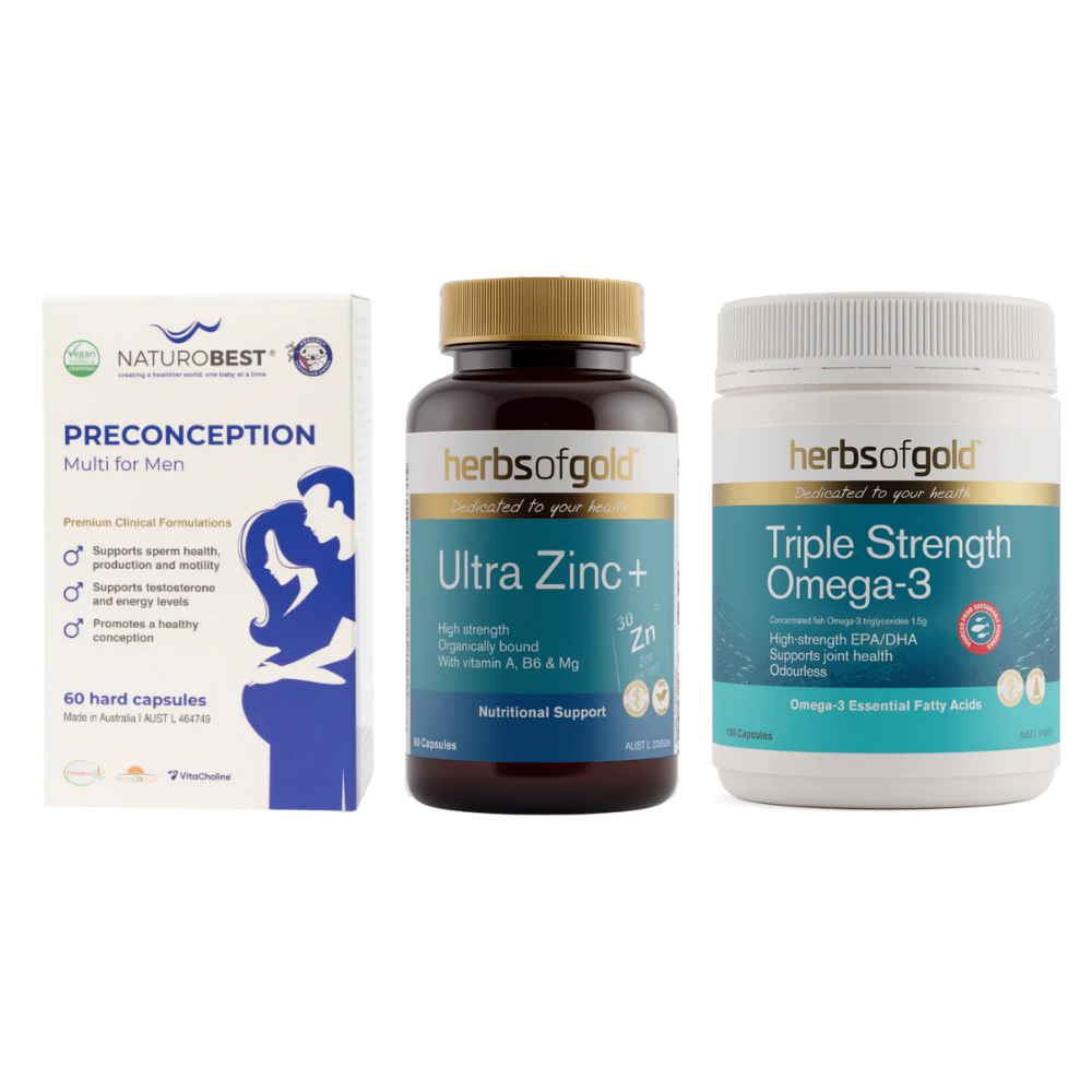 Men's foundations bundle with NaturoBest Preconception Multi for Men, Herbs of Gold Triple Strength Omega-3 and Herbs of Gold Ultra Zinc+, Naturopath-approved and available at Nourishing Apothecary