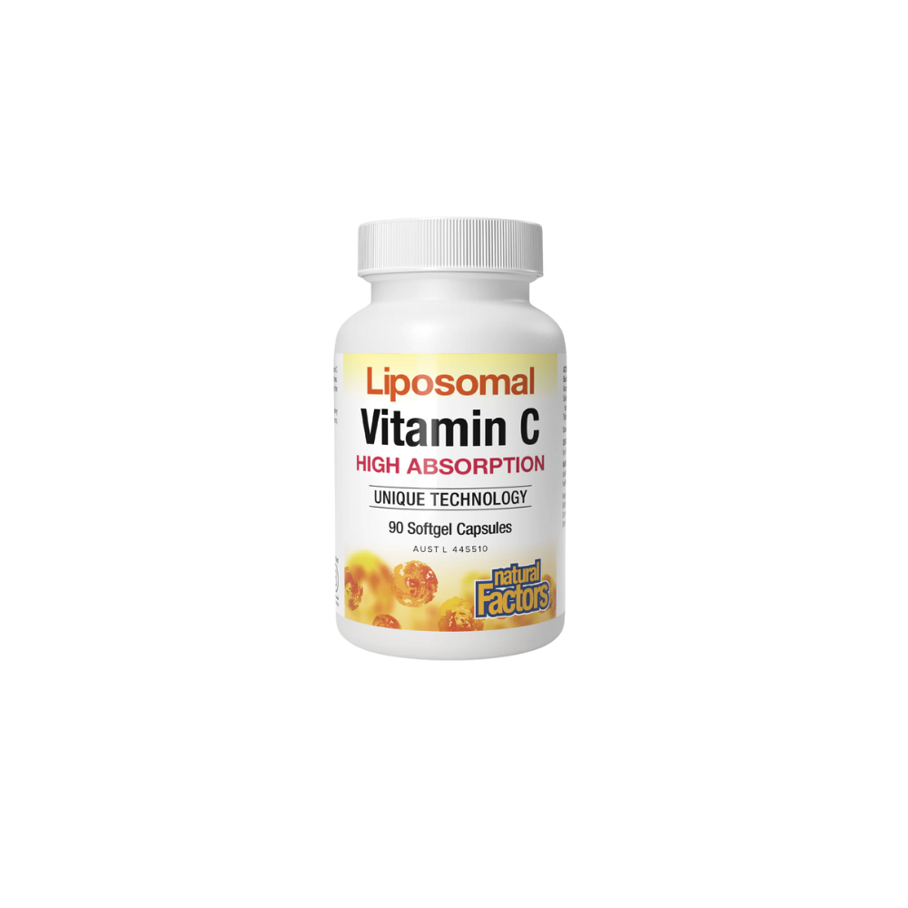 Bottle of Liposomal Vitamin C with 'Natural Factors' branding on a white background