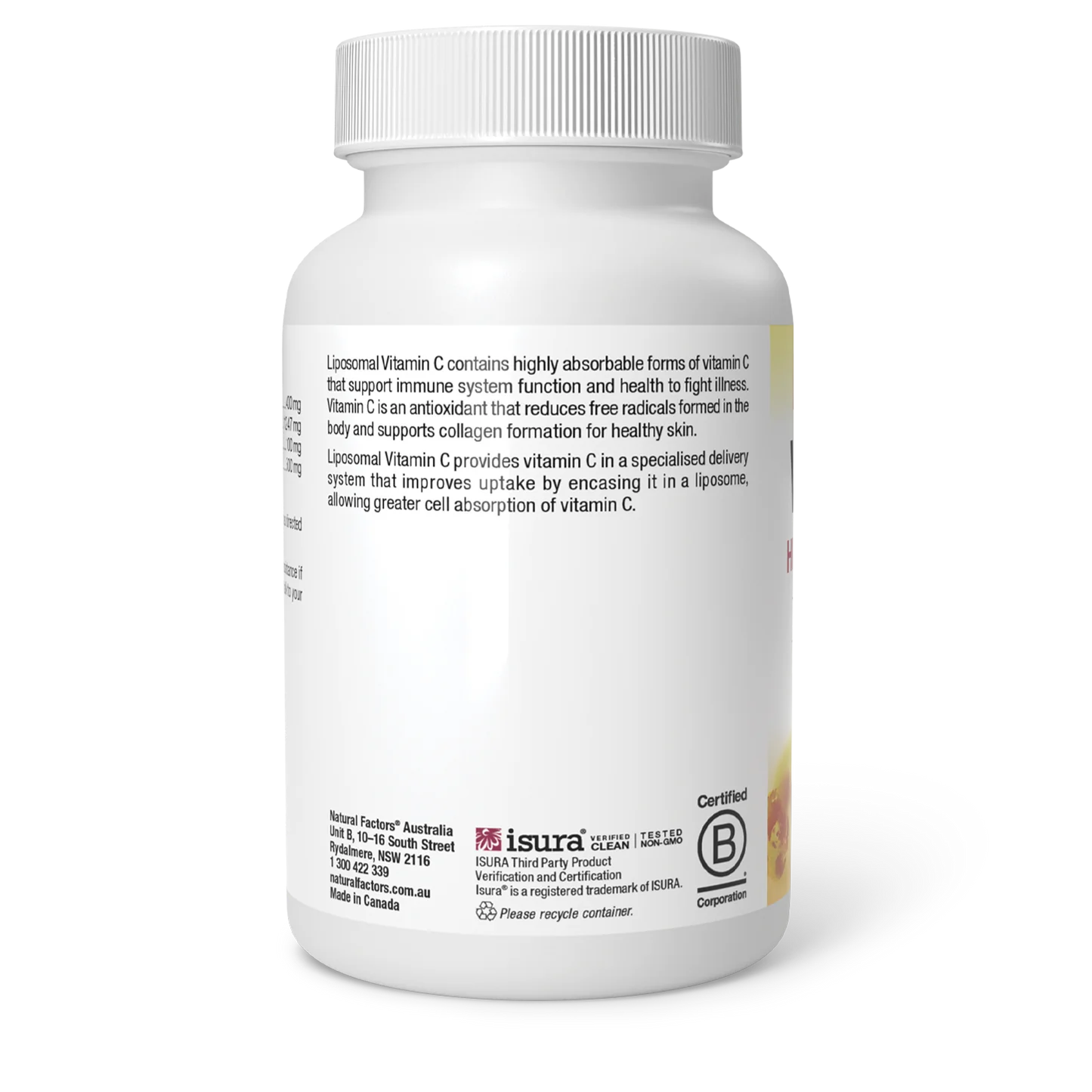 White supplement bottle with label on a white background