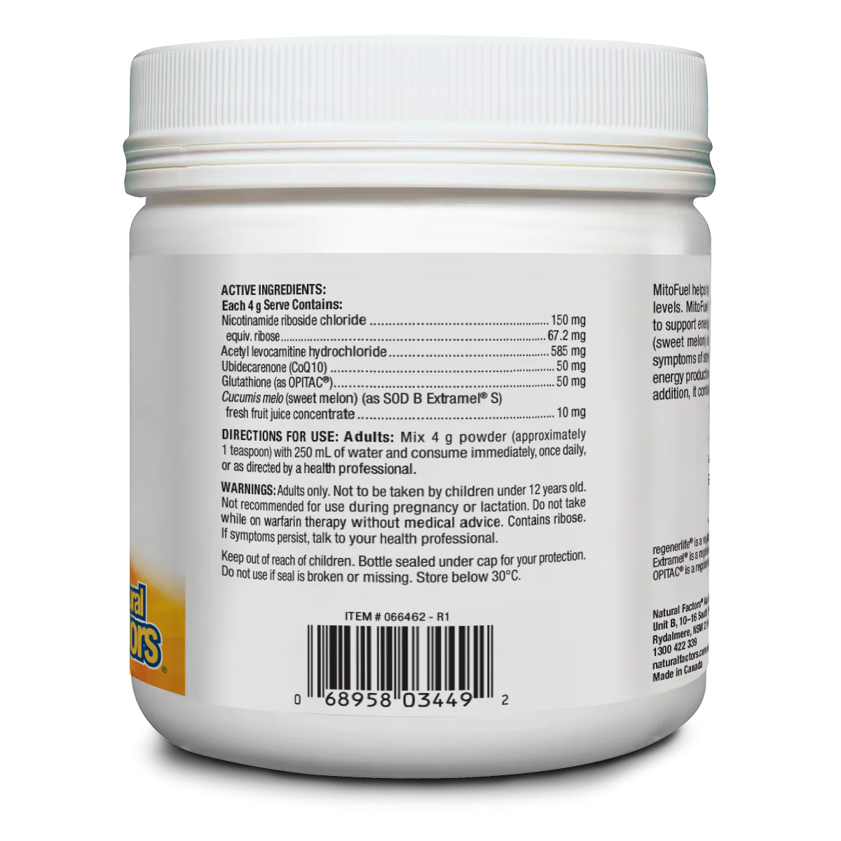 Back label of a supplement container with text and a barcode on a white background