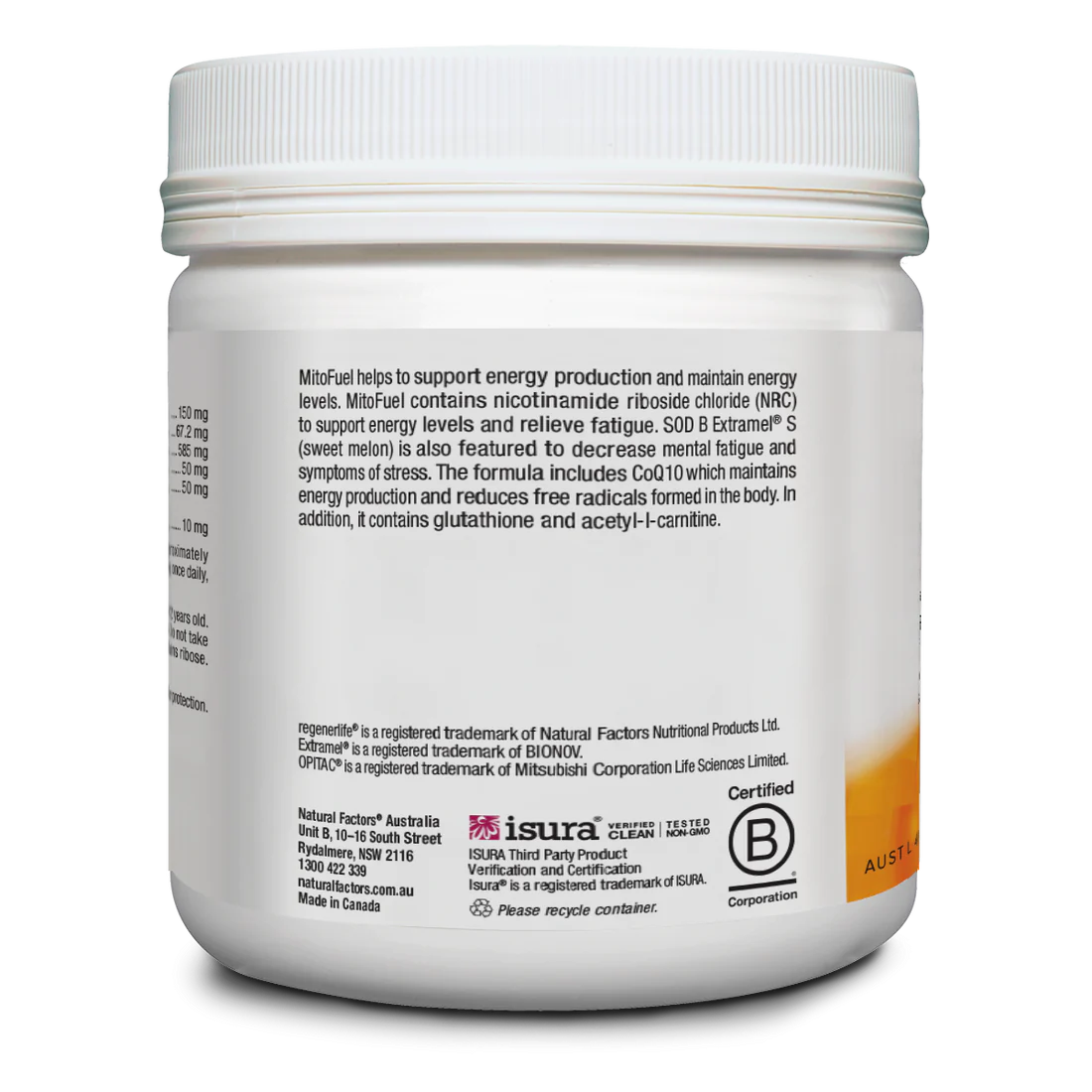 White supplement container with black text on a white background