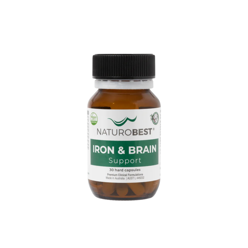 A bottle of NaturoBest Iron & Brain Support supplement with 30 hand-picked herbs, designed for vegan-friendly iron supplementation.