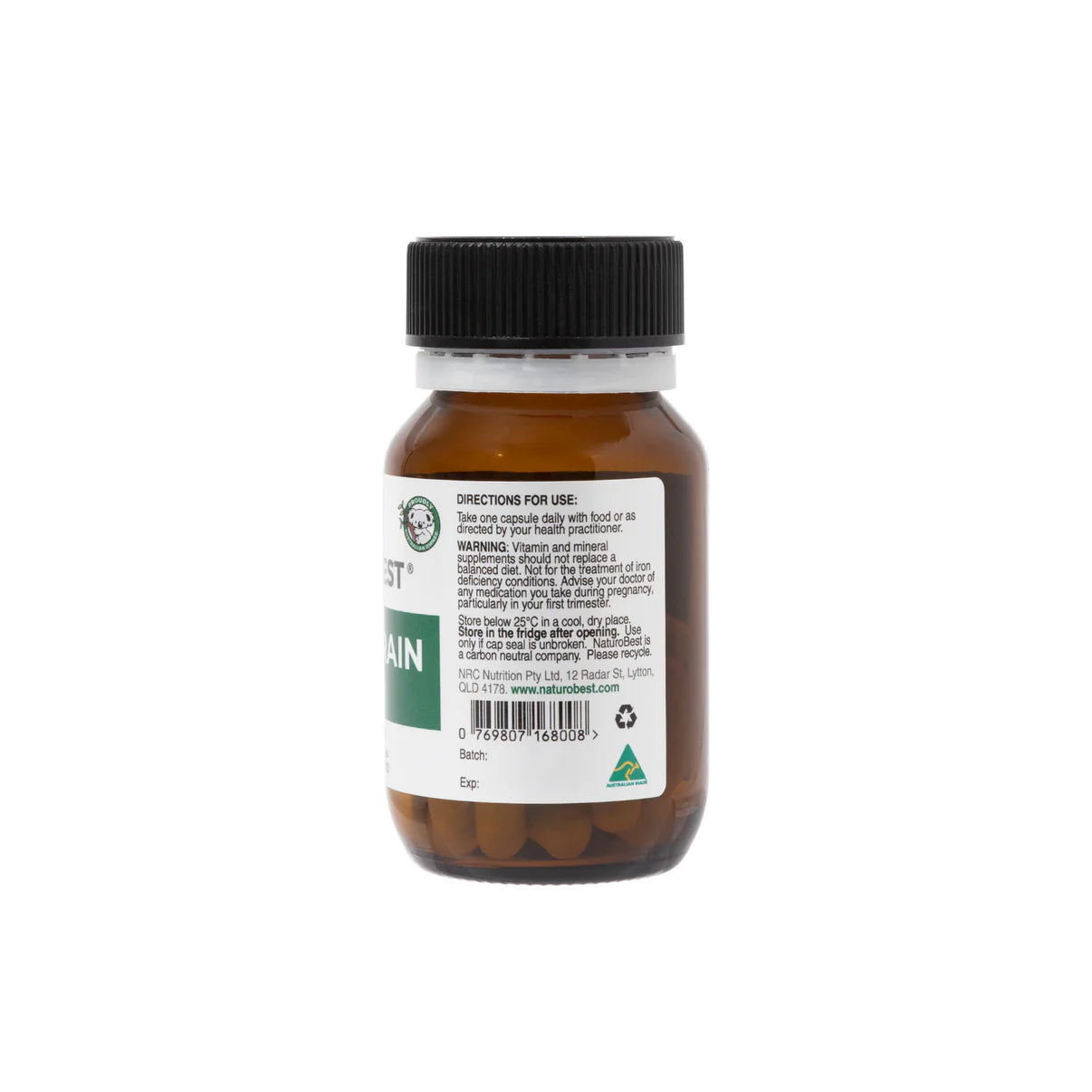 Rear view of NaturoBest Iron & Brain Support bottle displaying ingredient and nutritional information panel.