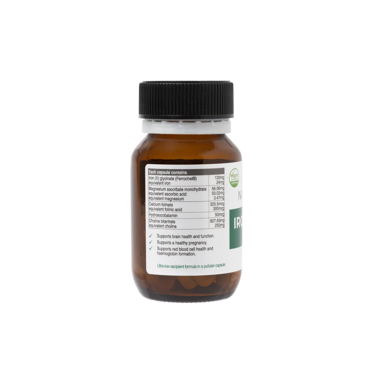 Side angle of NaturoBest Iron & Brain Support supplement bottle, showcasing manufacturing and dosage details.
