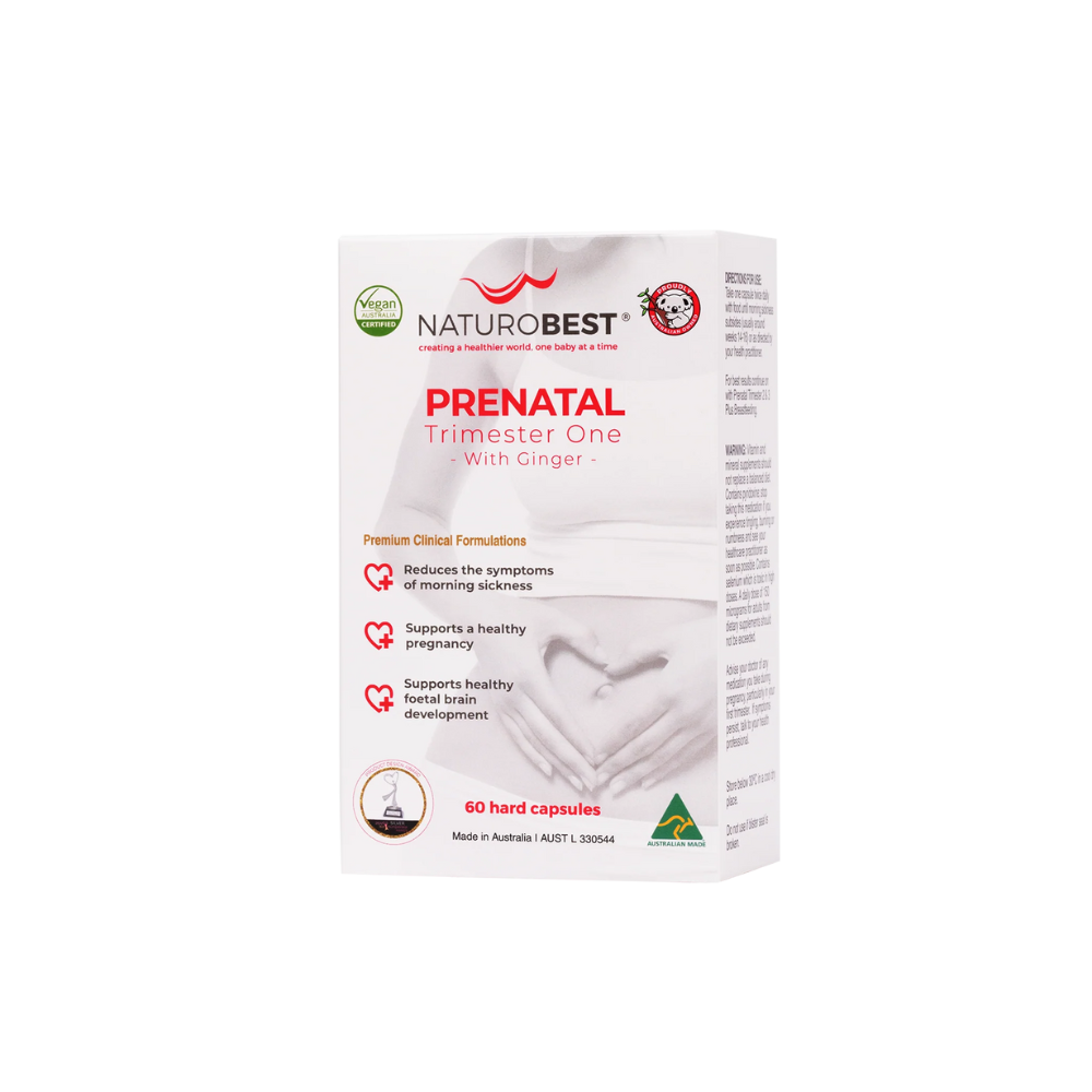 Packaging for NaturoBest Prenatal Trimester One with Ginger, showing the box with a pregnant woman and a container with 60 hand-picked herbal capsules.