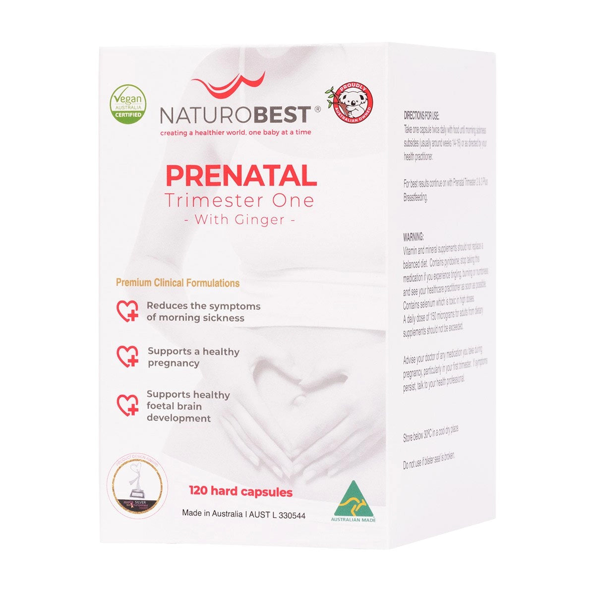 Front view of NaturoBest Prenatal Trimester One with Ginger supplement box, highlighting product name, key benefits, and vegan-friendly certification.