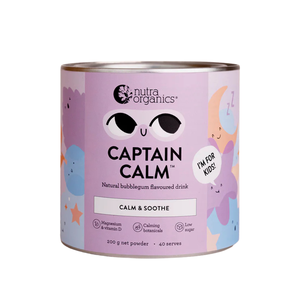 A can of Nutra Organics Captain Calm natural calming drink with a colorful design featuring stars and the brand's logo.