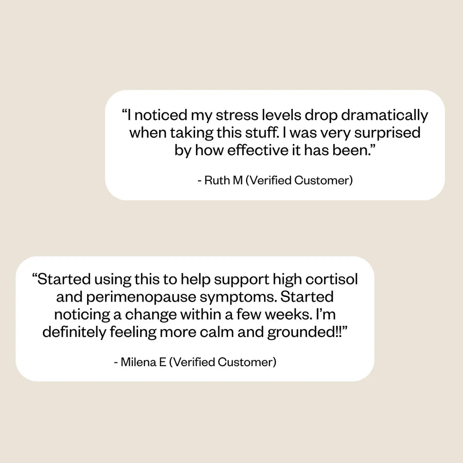 Two customer reviews about a product on a light beige background.