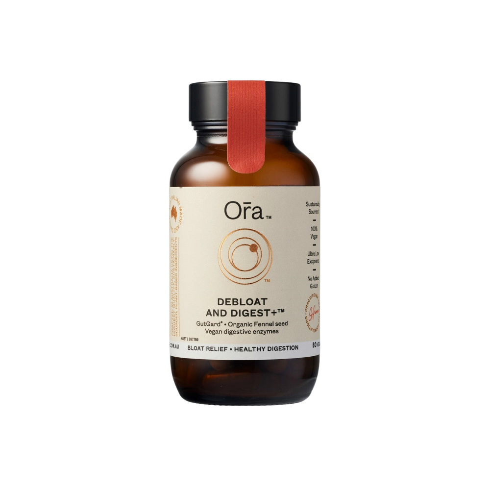 A bottle of Ora Debloat & Digest+ supplement with a label that includes an orange and white design and the text ' Debloat & Digest+ Gut Health Formulated with GutGard, Organic Fennel Seed, and Vegan Digestive Enzymes'.