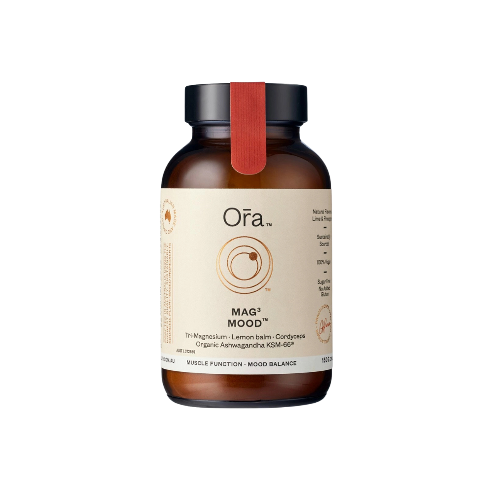 A bottle of Ora Mag3 Mood magnesium powder with a label indicating it supports mood balance and relaxation.
