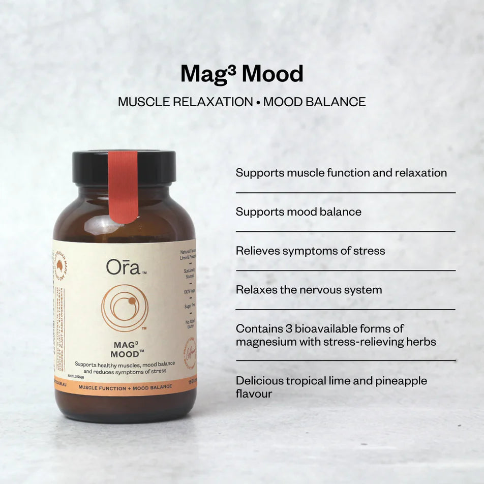 Bottle of 'Mag³ Mood' supplement with descriptive text on a light background
