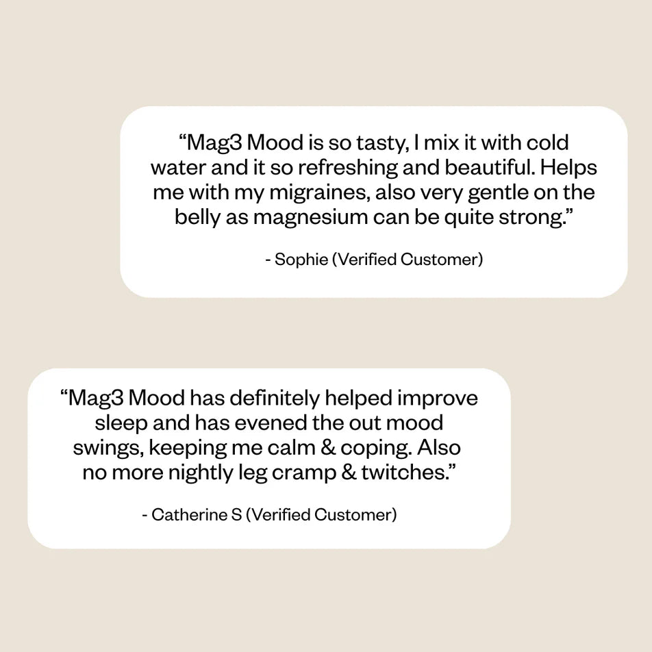 Two customer reviews about a product on a light beige background.