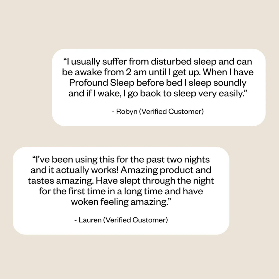 Two customer reviews about a sleep product on a light beige background.