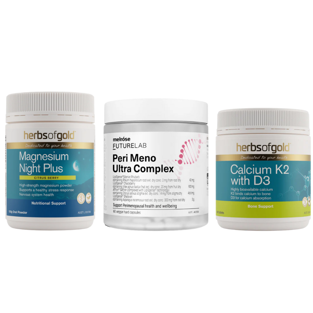 Three supplement bottles on a plain white background: a white Herb of Gold Magnesium Night Plus bottle with a blue label, a white Mehlose Futurelab Peri Meno Ultra Complex bottle with a white label, and a white Herb of Gold Calcium K2 with D3 bottle with a blue and yellow-green label.