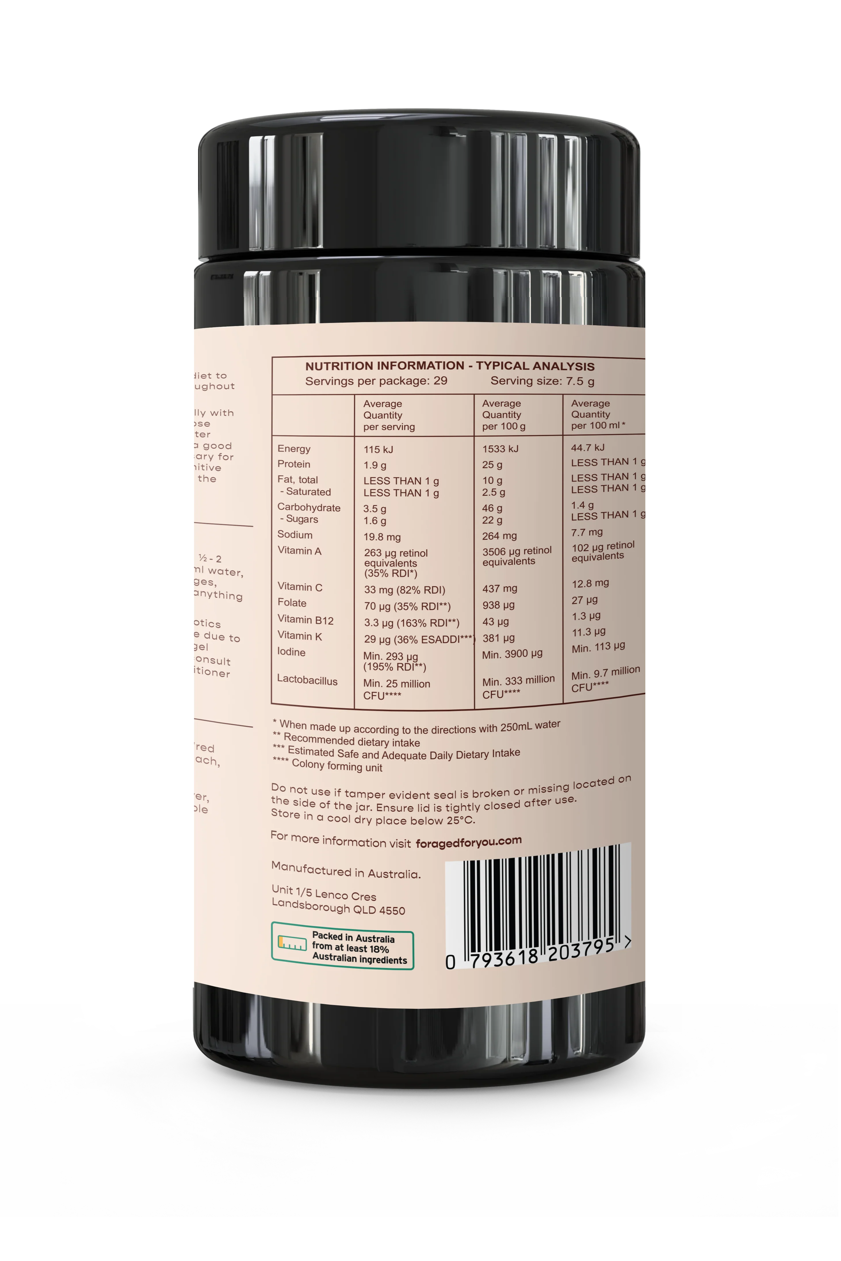Rear view of The Mothers Blend jar displaying ingredient list, directions for use, and product certifications on the beige label.
