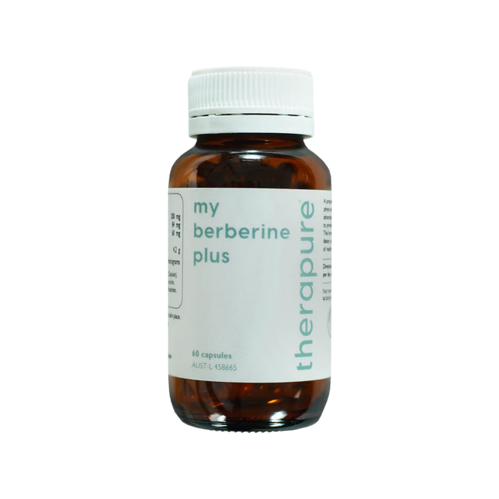Bottle of 'my berberine plus' capsules with Therapure branding on a white background