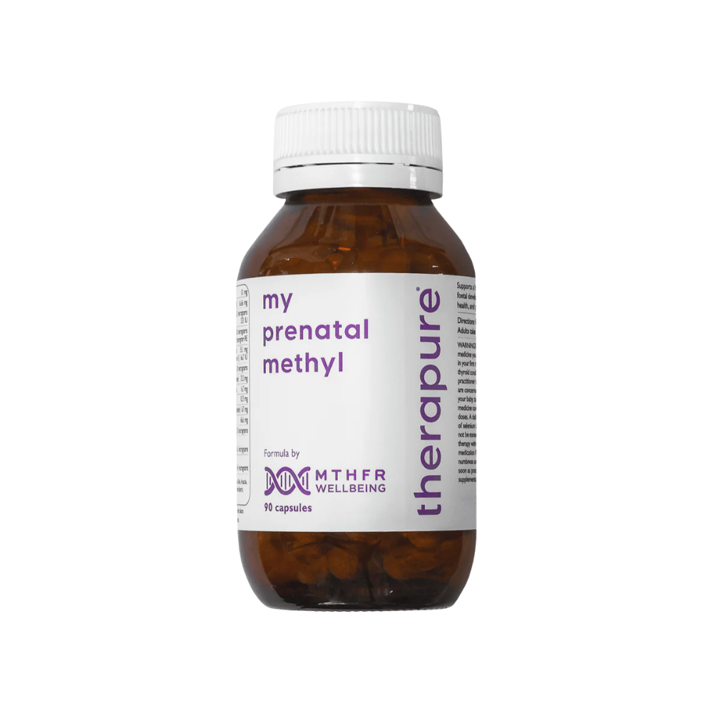 Bottle of Therapure my prenatal methyl supplement on a white background