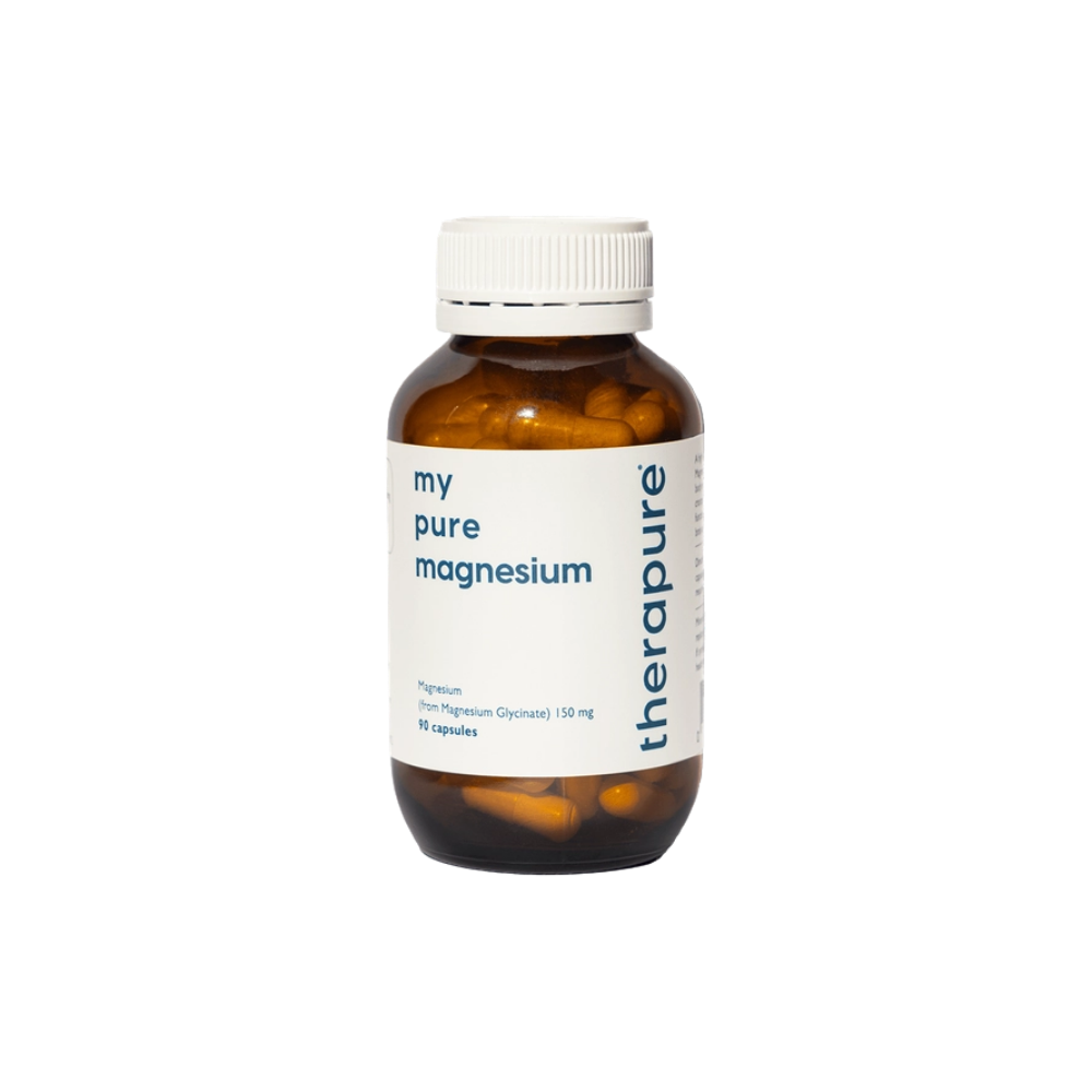 Bottle of Therapure my pure magnesium capsules on a white background