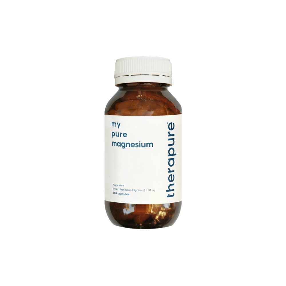 Bottle of 'my pure magnesium' by Therapure on a white background