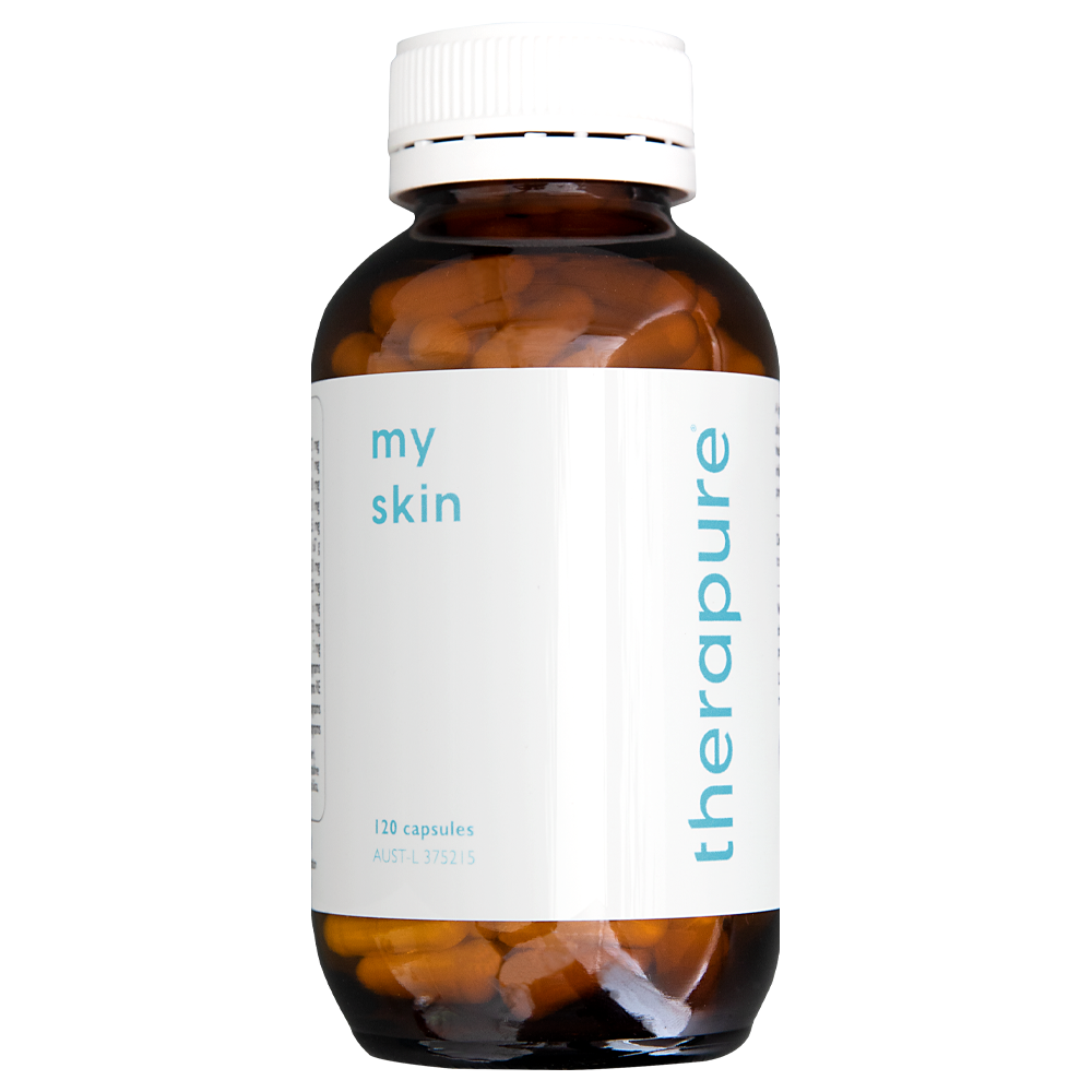 Bottle of 'my skin' therapure capsules on a white background