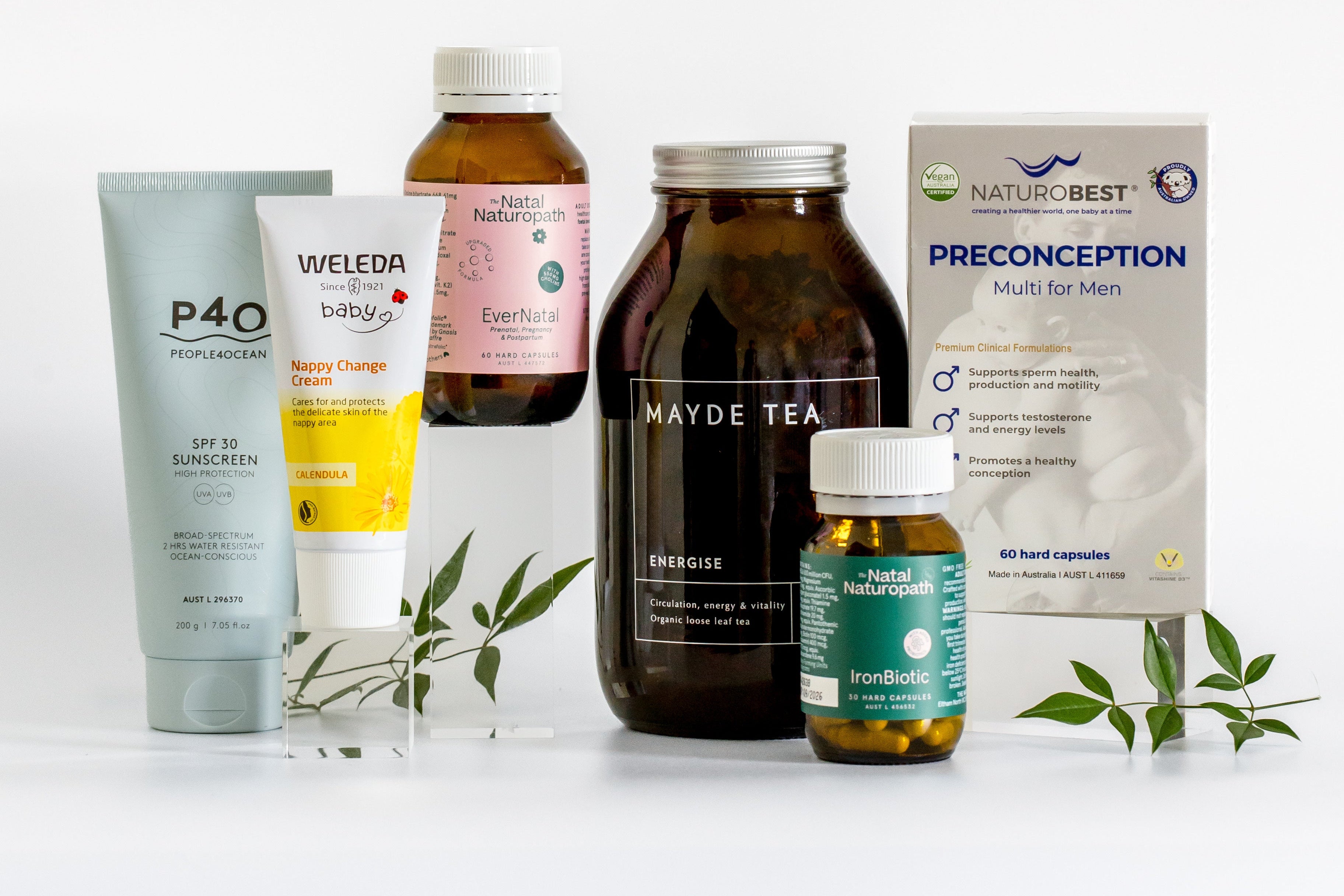Naturopath-recommended preconception and prenatal products including Mayde Tea and Naturobest
