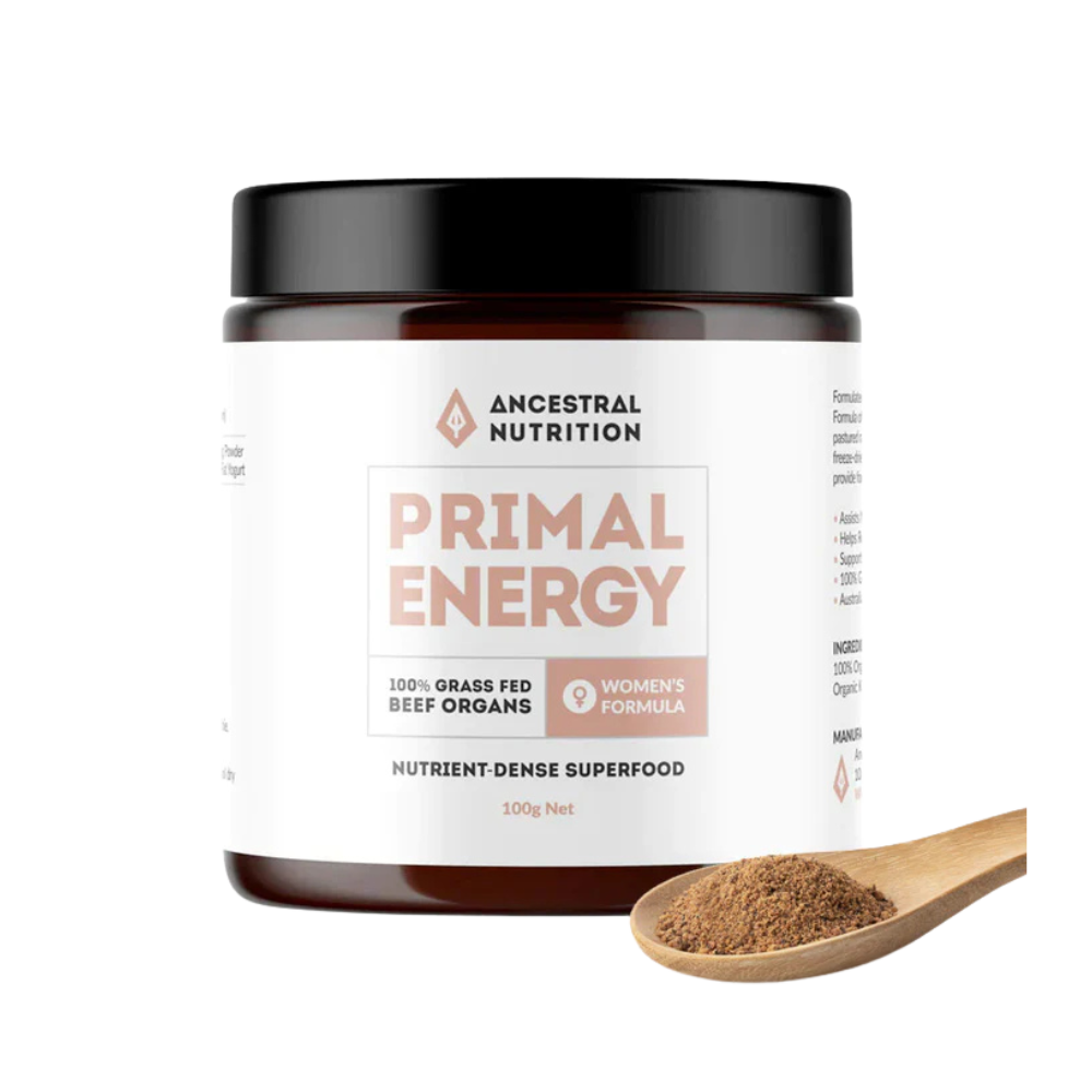 Primal Energy Women capsules, grass-fed beef liver, heart, and kidney blend for women’s health, vitality, and hormonal balance.