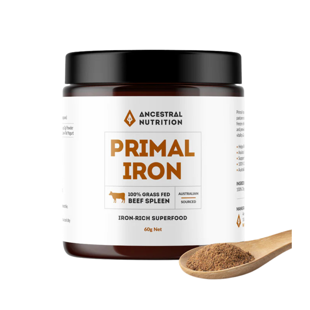 Primal Iron capsules, 100% grass-fed beef spleen supplement, bioavailable heme iron for energy, immune health, and blood formation.