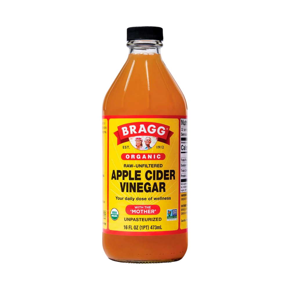 Bragg Organic Apple Cider Vinegar Unfiltered with The Mother in a 473ml bottle, a natural tonic for digestion, metabolism, and detox support.