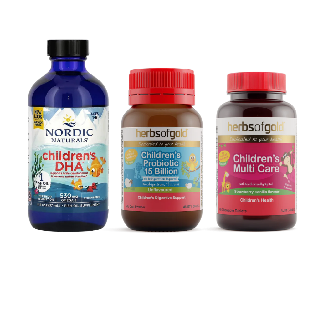 Children's foundational health bundle with Nordic Naturals Children's DHA Strawberry, Herbs of Gold Children's Multi Care and Herbs of Gold Children's Probiotic 15 Billion, Naturopath-approved and available at Nourishing Apothecary
